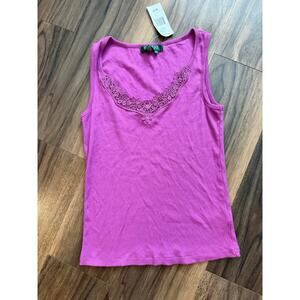 Lauren Ralph Lauren Pink Ribbed Sleeveless Tank Top Lace Trim Women’ New Y2K